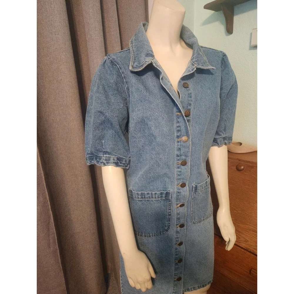 Vtg Velvet Heart 100% Cotton Denim Button Up Dress Puff Sleeve Pockets Y2k  S/M - Picture 2 of 13